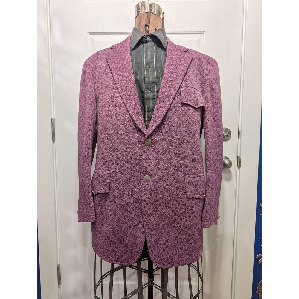 Vintage Bespoke Hong Kong Blazer Men's 46R Purple Jacquard Sport Coat Mod 1960s